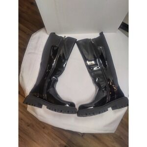 TEAIEUI Womens Black Patent Lug Sole Tall Boots TB805 Size 8 Glossy Knee High